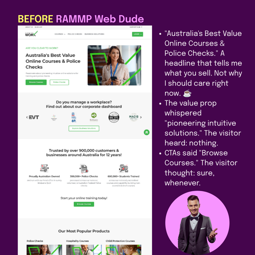 BEFORE: 'Australia's Best Value Online Courses & Police Checks' — a headline that told visitors what they sold, not why to care. Value prop whispered, CTAs said 'Browse Courses'.