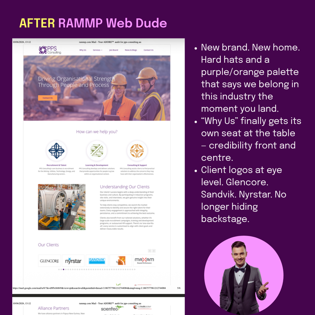 AFTER: new brand as PPS Consulting. Hard hats and a purple/orange palette that says we belong in this industry. 'Why Us' gets its own seat. Glencore, Sandvik, Nyrstar at eye level.