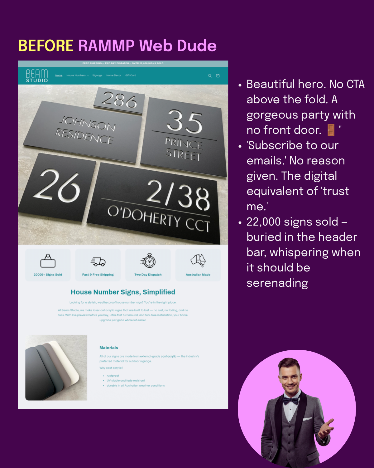 BEFORE: beautiful hero, no CTA above the fold — a gorgeous party with no front door. 'Subscribe to our emails' with no reason given. 22,000 signs sold whispered in the header bar.