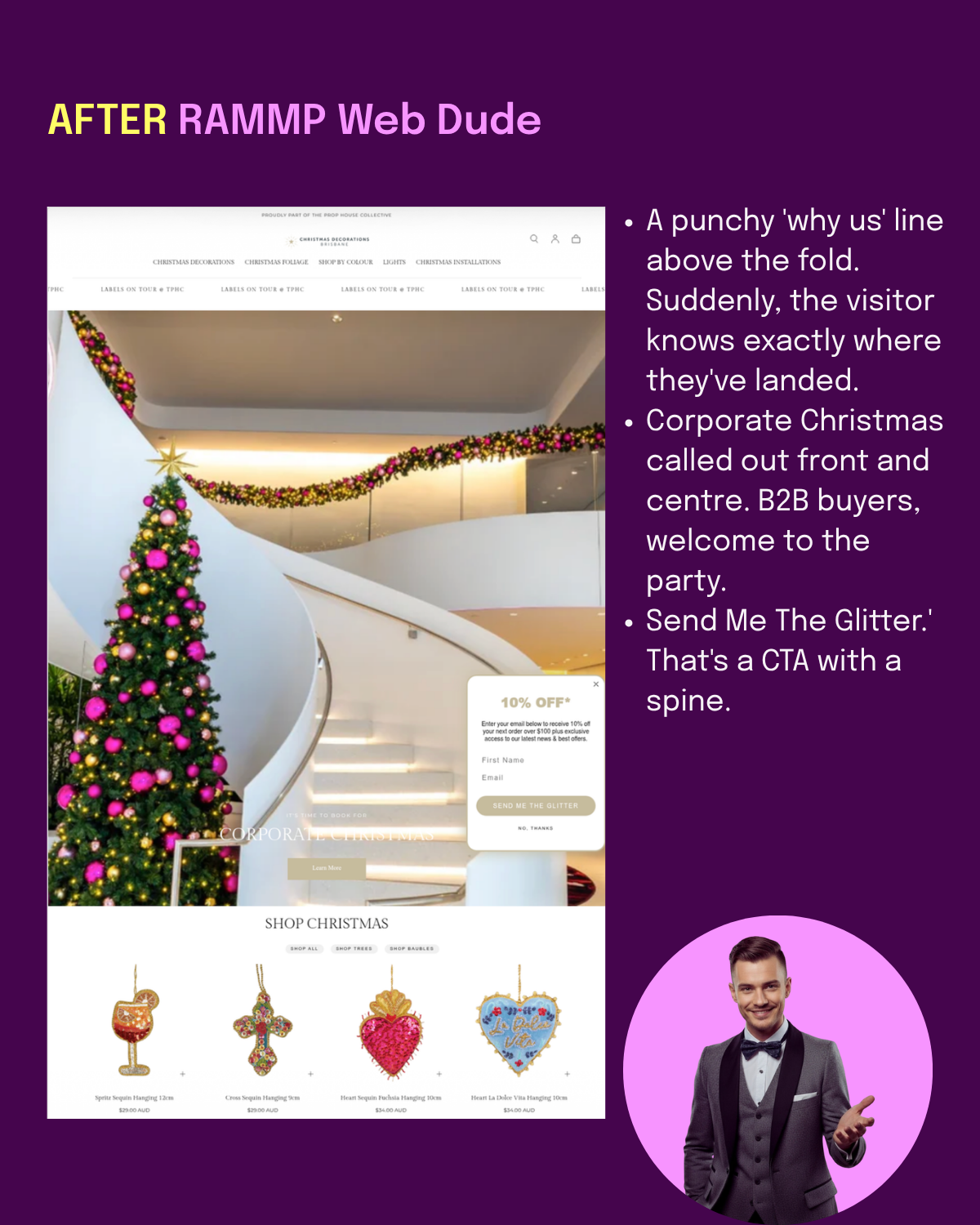 AFTER: punchy 'why us' line above the fold. Corporate Christmas called out front and centre — B2B buyers welcomed in. 'Send Me The Glitter' — a CTA with a spine.