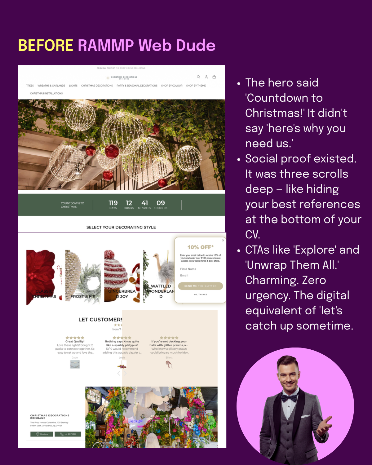 BEFORE: hero said 'Countdown to Christmas!' — not 'here's why you need us.' Social proof three scrolls deep. CTAs like 'Explore' and 'Unwrap Them All' — charming, zero urgency.