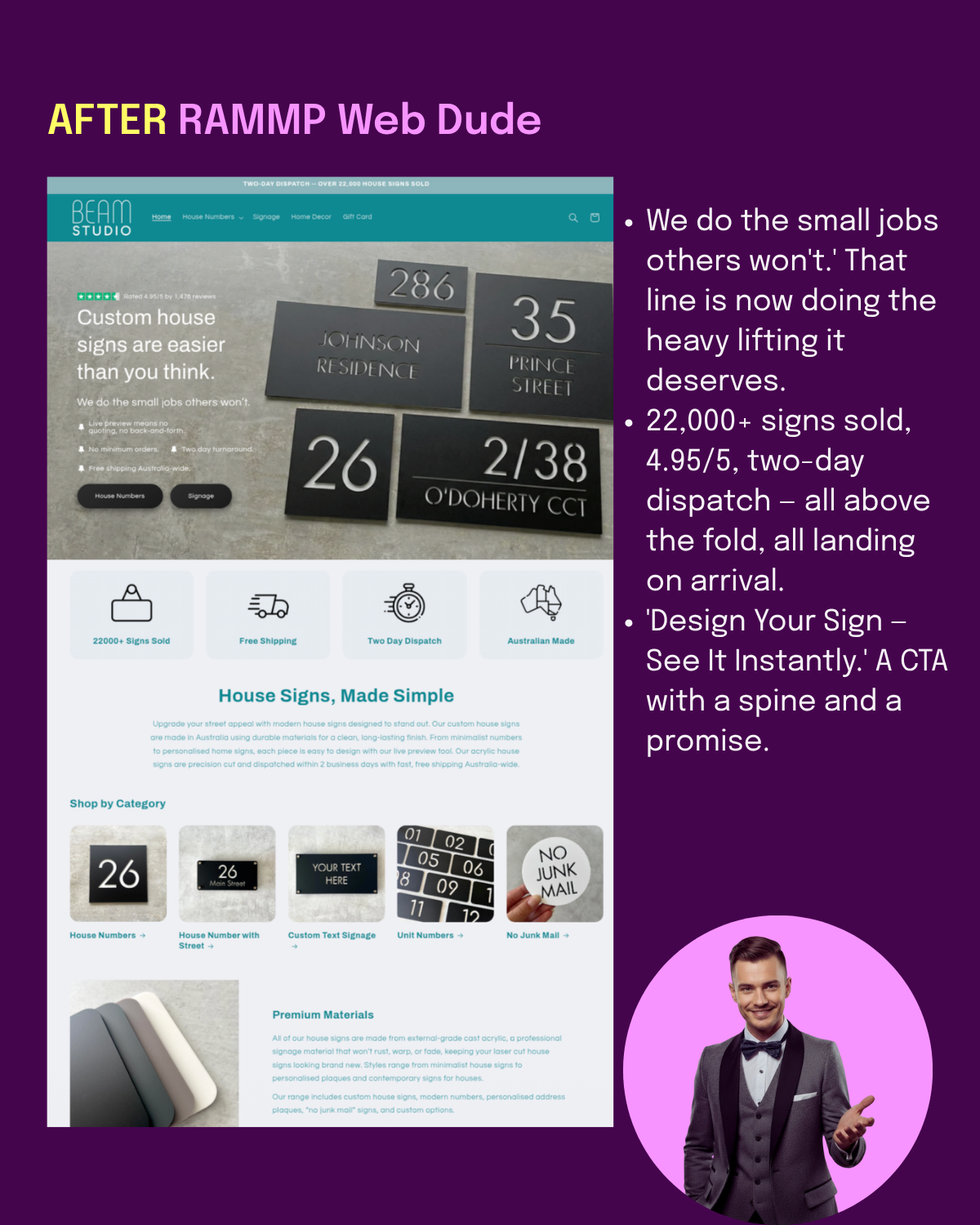 AFTER: 'We do the small jobs others won't' doing the heavy lifting. 22,000+ signs sold, 4.95/5, two-day dispatch — all above the fold. 'Design Your Sign — See It Instantly' CTA with a spine and a promise.